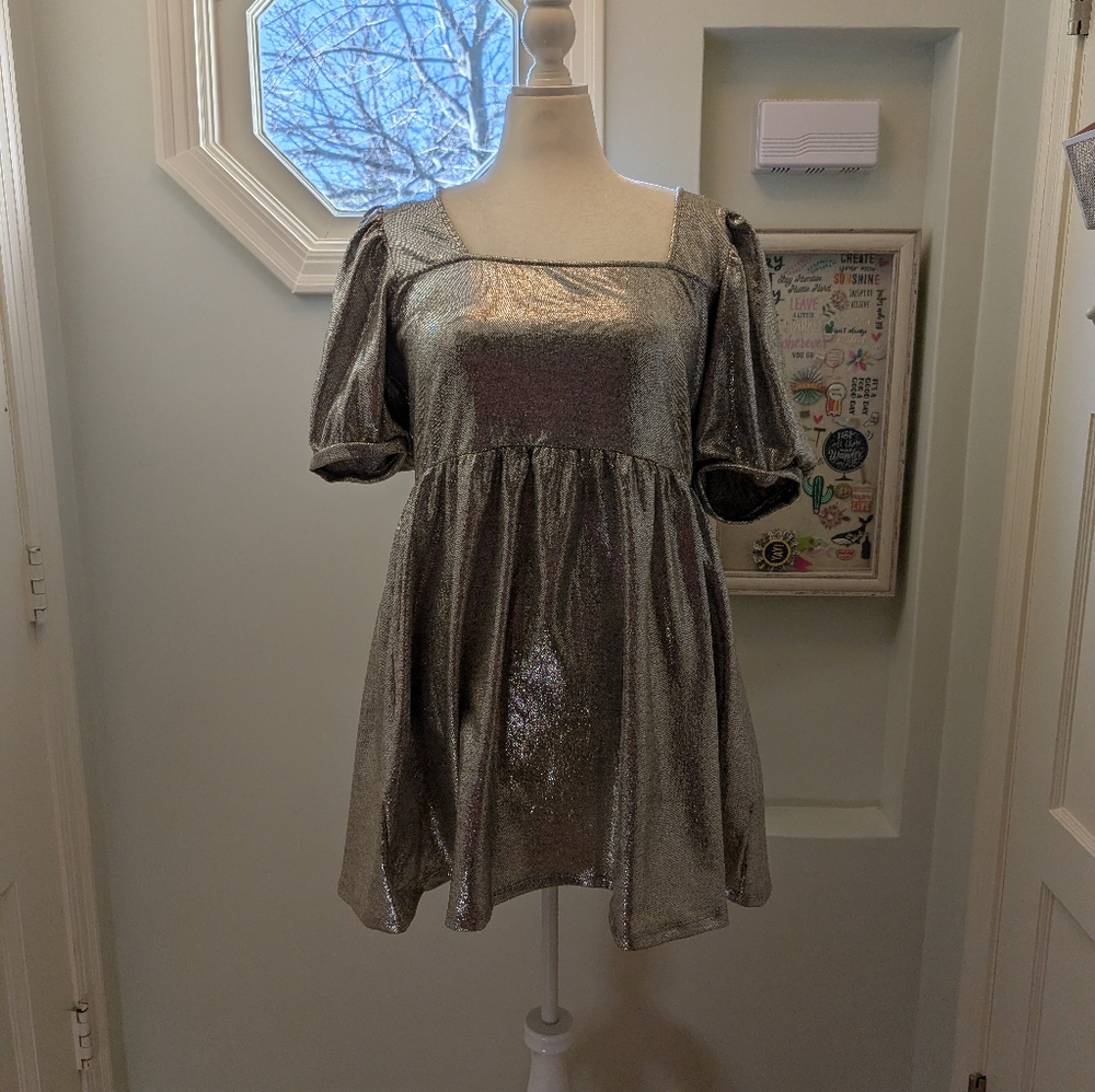 Women's Silver Puff-Sleeved Party Dress GeeGee 1X